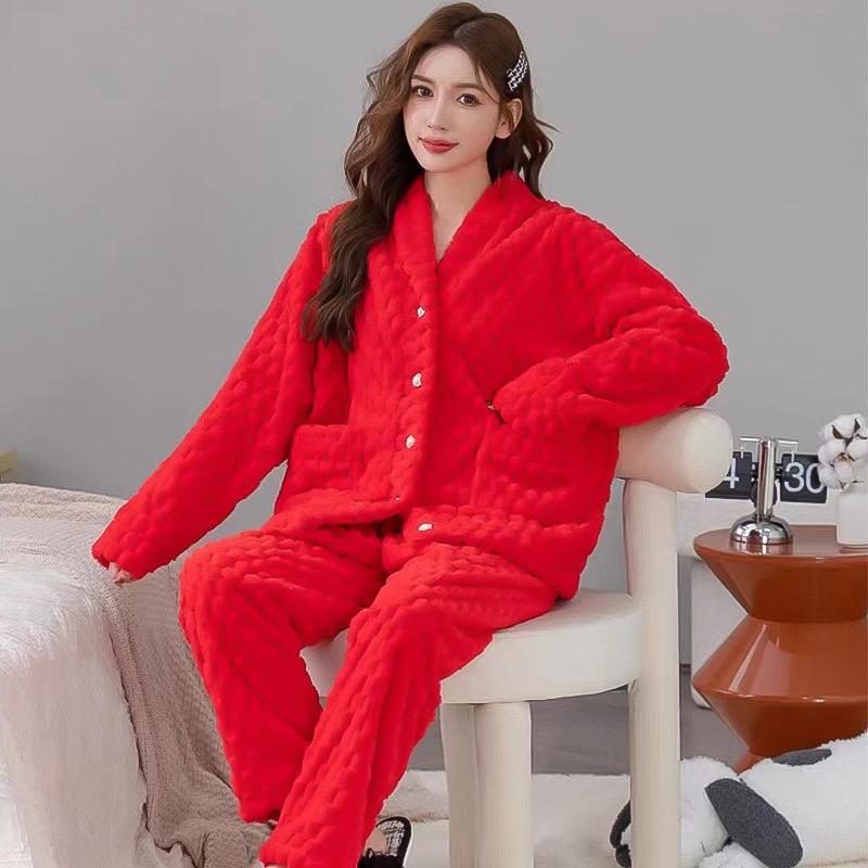Flanell-Nachtwäsche für Damen im Herbst und Winter, Pyjama, bequeme V-Ausschnitt, langärmelige Hose, Homewear, Korallensamt-Pyjama für Damen 2XL rot von Joom DACH