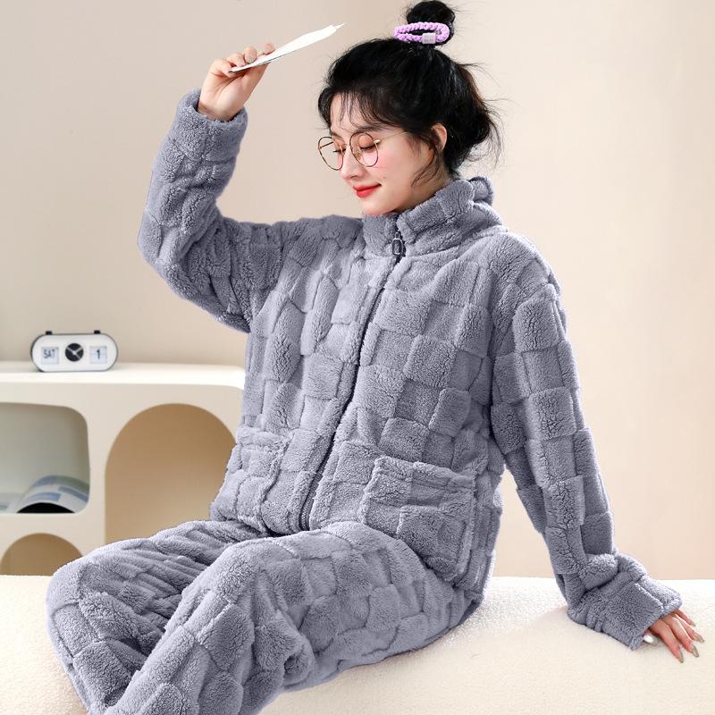 Flanell-Pyjama-Set aus dickem Samt, für den Winter, langärmeliger Korallensamt-Pyjama für Damen, warme, einfache, einfarbige Heimkleidung XL grau von Joom DACH