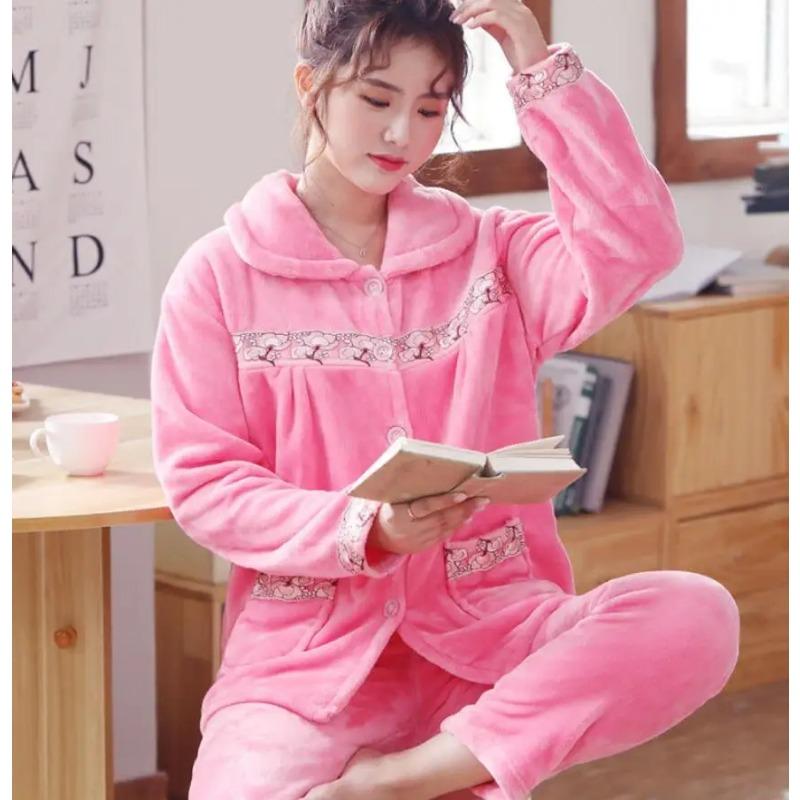 Flanell-Pyjama-Set für Damen, verdicktes Korallenvlies, langärmeliger Pyjama, Pyjama-Set, Damen-Pyjama, Heimkleidung M von Joom DACH