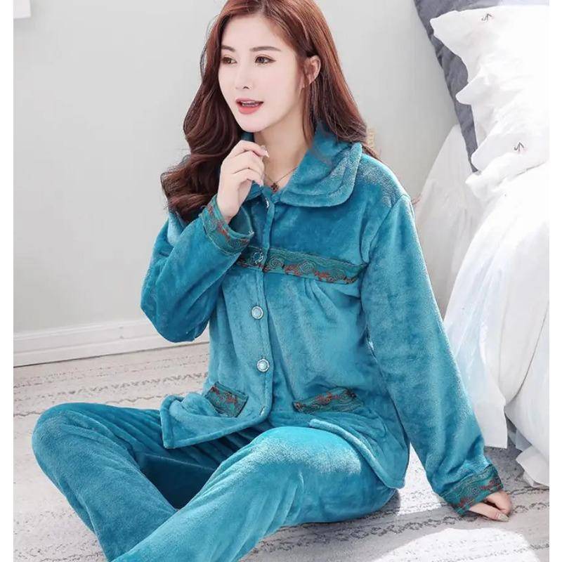 Flanell-Pyjama-Set für Damen, verdicktes Korallenvlies, langärmeliger Pyjama, Pyjama-Set, Damen-Pyjama, Heimkleidung M von Joom DACH