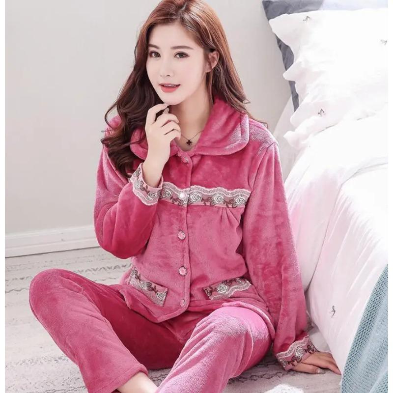 Flanell-Pyjama-Set für Damen, verdicktes Korallenvlies, langärmeliger Pyjama, Pyjama-Set, Damen-Pyjama, Heimkleidung M von Joom DACH