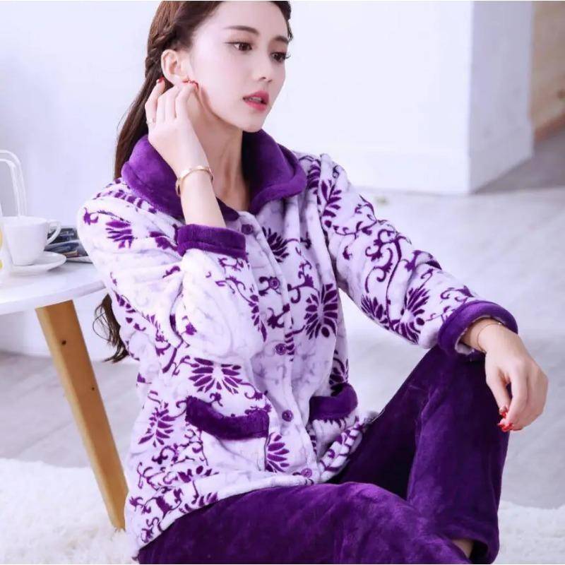 Flanell-Pyjama-Set für Damen, verdicktes Korallenvlies, langärmeliger Pyjama, Pyjama-Set, Damen-Pyjama, Heimkleidung M von Joom DACH