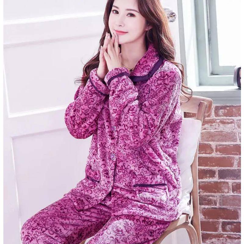 Flanell-Pyjama-Set für Damen, verdicktes Korallenvlies, langärmeliger Pyjama, Pyjama-Set, Damen-Pyjama, Heimkleidung M von Joom DACH