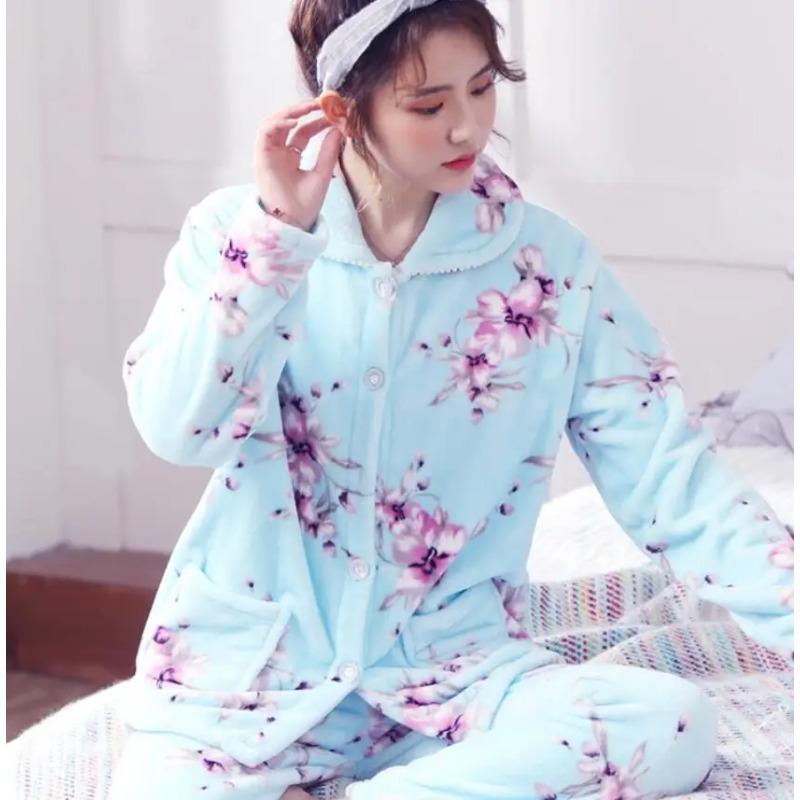Flanell-Pyjama-Set für Damen, verdicktes Korallenvlies, langärmeliger Pyjama, Pyjama-Set, Damen-Pyjama, Heimkleidung M von Joom DACH