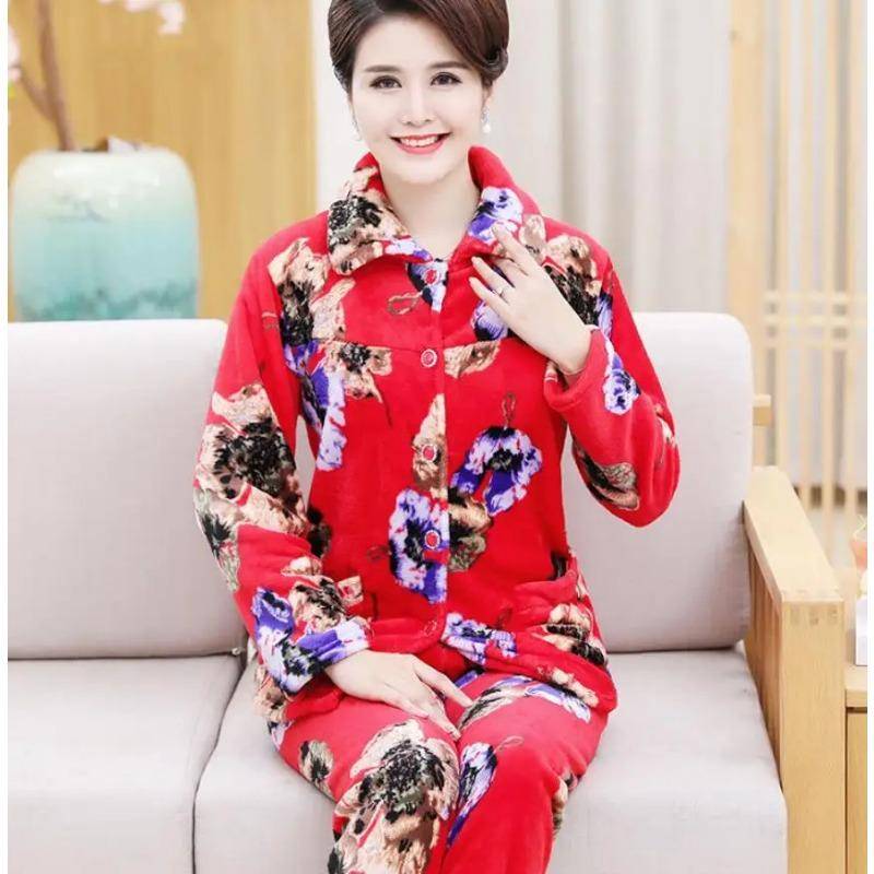 Flanell-Pyjama-Set für Damen, verdicktes Korallenvlies, langärmeliger Pyjama, Pyjama-Set, Damen-Pyjama, Heimkleidung M von Joom DACH