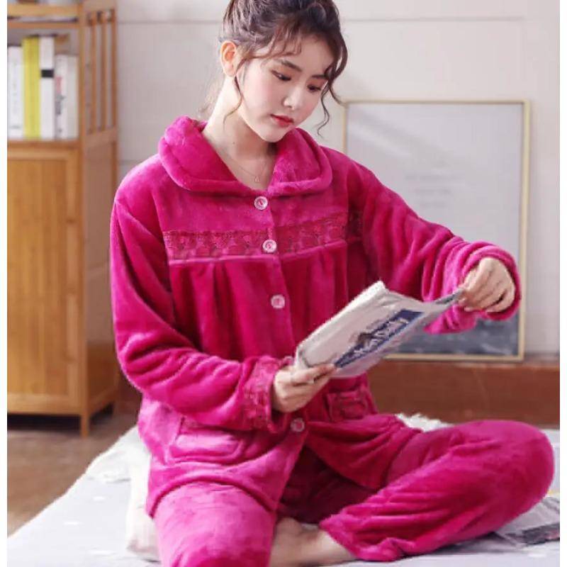 Flanell-Pyjama-Set für Damen, verdicktes Korallenvlies, langärmeliger Pyjama, Pyjama-Set, Damen-Pyjama, Heimkleidung M von Joom DACH