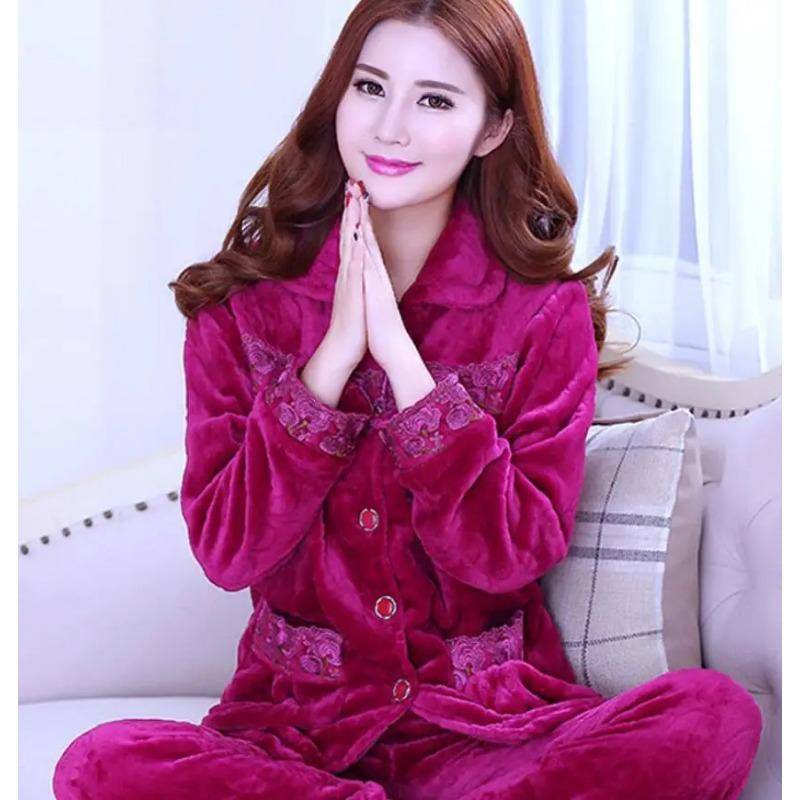 Flanell-Pyjama-Set für Damen, verdicktes Korallenvlies, langärmeliger Pyjama, Pyjama-Set, Damen-Pyjama, Heimkleidung M von Joom DACH