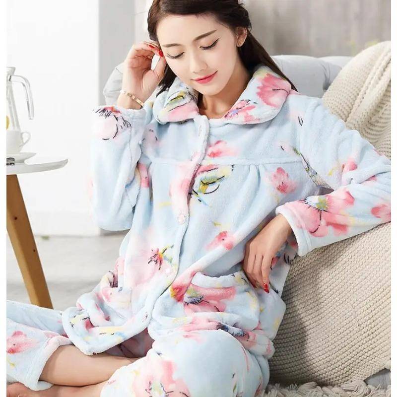 Flanell-Pyjama-Set für Damen, verdicktes Korallenvlies, langärmeliger Pyjama, Pyjama-Set, Damen-Pyjama, Heimkleidung M von Joom DACH