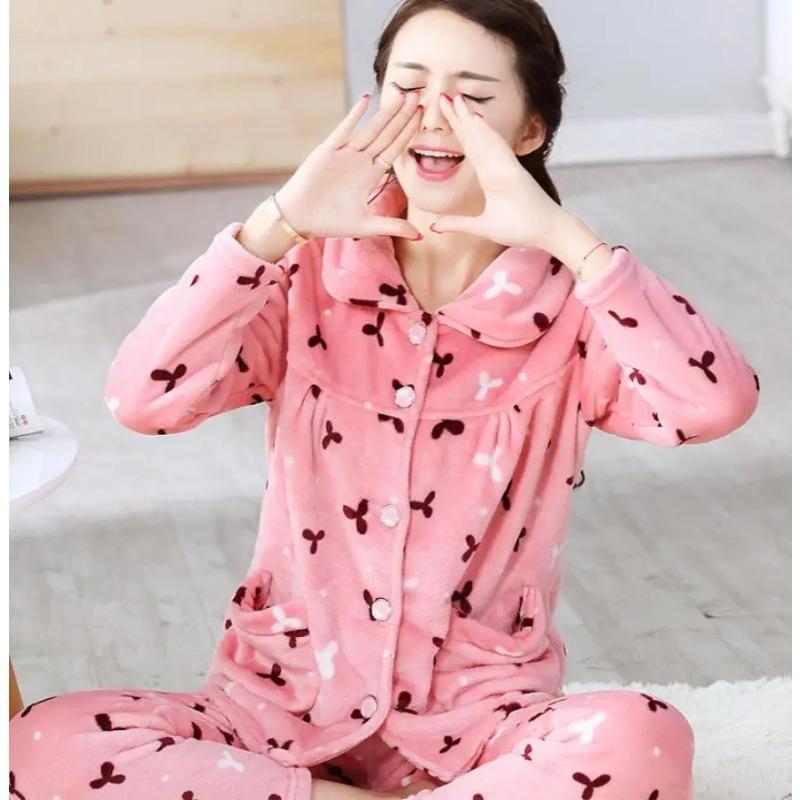 Flanell-Pyjama-Set für Damen, verdicktes Korallenvlies, langärmeliger Pyjama, Pyjama-Set, Damen-Pyjama, Heimkleidung M von Joom DACH