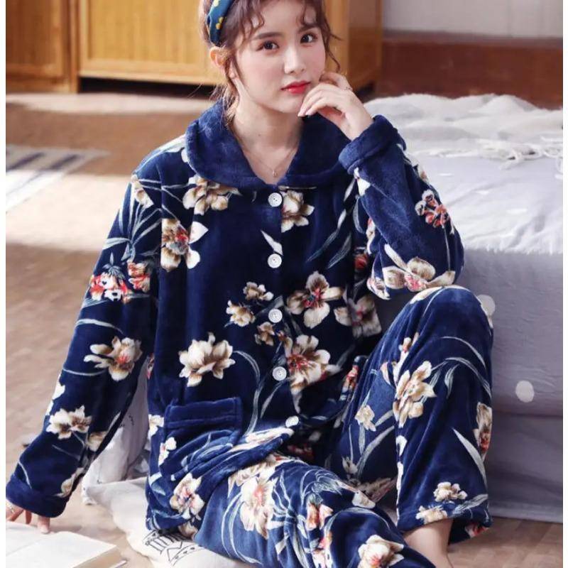 Flanell-Pyjama-Set für Damen, verdicktes Korallenvlies, langärmeliger Pyjama, Pyjama-Set, Damen-Pyjama, Heimkleidung M von Joom DACH
