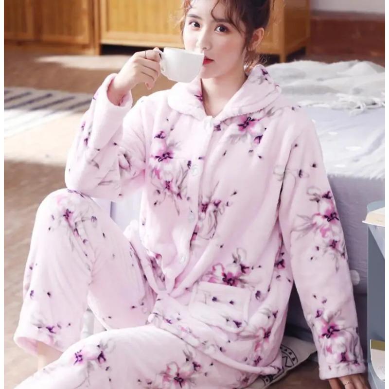 Flanell-Pyjama-Set für Damen, verdicktes Korallenvlies, langärmeliger Pyjama, Pyjama-Set, Damen-Pyjama, Heimkleidung M von Joom DACH