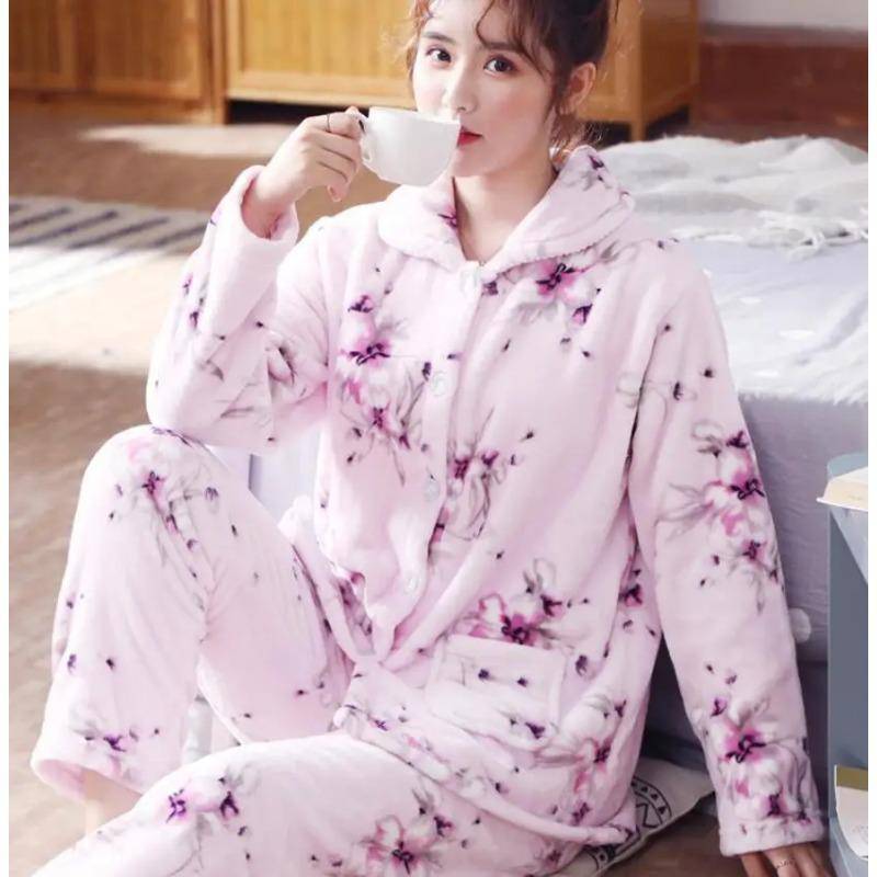 Flanell-Pyjama-Set für Damen, verdicktes Korallenvlies, langärmeliger Pyjama, Pyjama-Set, Damen-Pyjama, Heimkleidung M von Joom DACH
