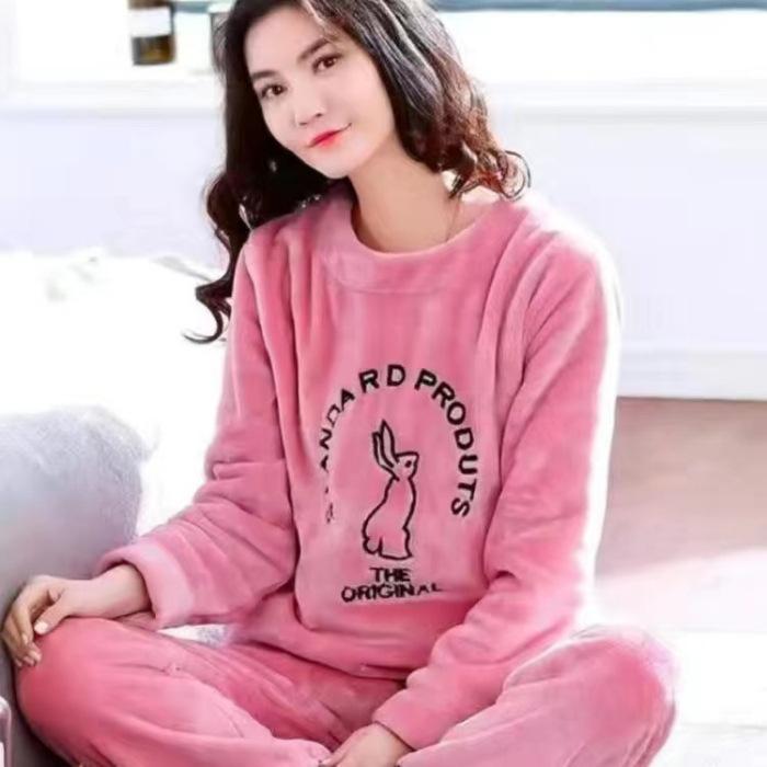 Flanell-Pyjama für Herbst und Winter, Rundhalsausschnitt, lockerer Schnitt, plus Samt, für Mädchen, süßes Zuhause, lässig, warm, Heimservice-Anzug XXL rose rot von Joom DACH