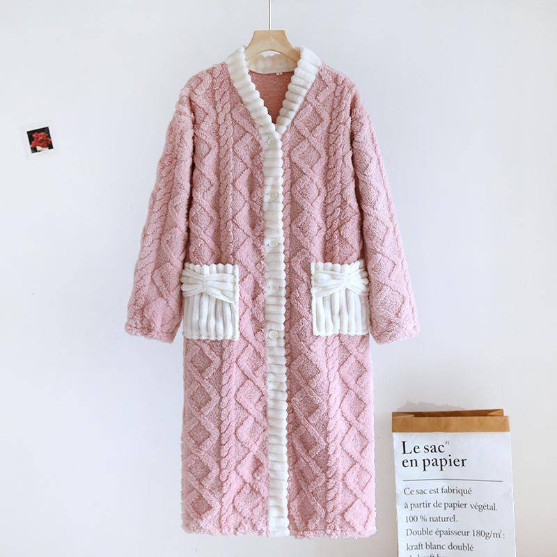 Flanell Verdickung Frauen warme Robe Schlaf Nachtwäsche Winter Nacht Kleidung Damen Strickjacke Nachthemd Bademantel Frau XL rosa von Joom DACH
