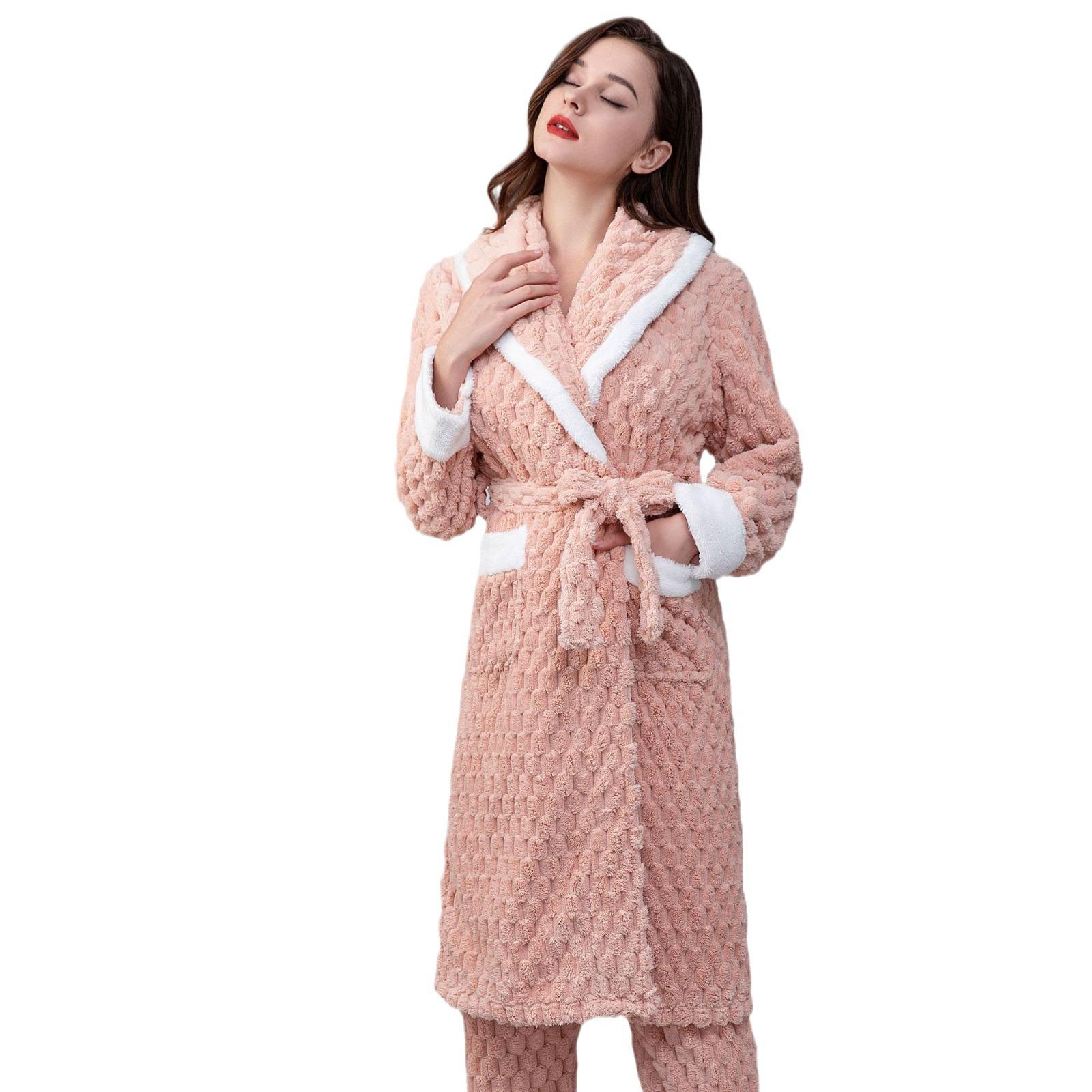 Flanell Winter Damen Pyjama Set Solid Turn Down Kragen Damen 2 Stück Bademantel und Hose Langarm Dicke warme Nachtwäsche Weiblich L rosa von Joom DACH