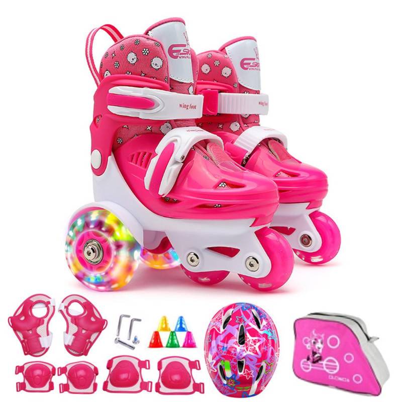 Flash Skating Schuhe Kinder Anfänger Rollschuhschuhe Set Kinder Skates mit Knieschoner Ellenbogenschützer L rosa von Joom DACH