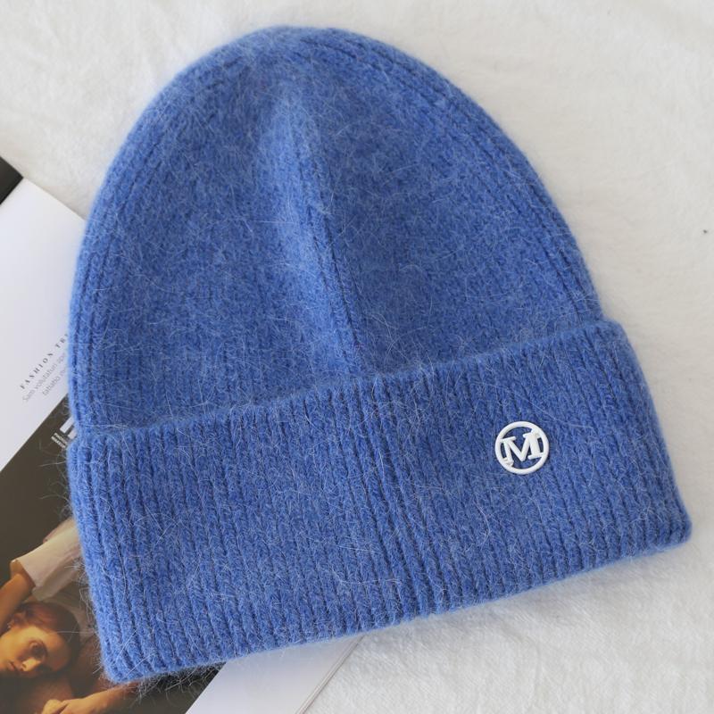 Flauschige lange Angora-Mütze Kaninchenfell Warme Wintermütze Für Damen Großer Kopf Weiche Beanies Blaue Strickmütze Outdoor Ski Weiblich von Joom DACH