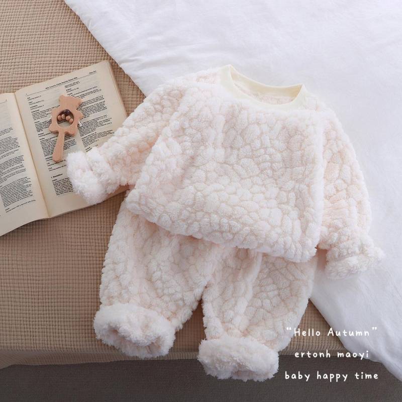 Flauschiges Jacquard-Flanell-Set: Baby Mädchen Zweiteilige Homewear 150 cm beige von Joom DACH