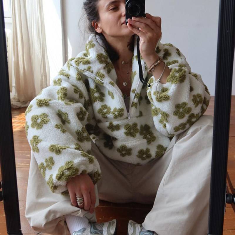 Fleece-Blumen-Sweatshirt Herbst Winter Neue Mode Sweatshirt Warmes Flauschiges Sweatshirt Fleece-Oberteil für Damen M grün von Joom DACH