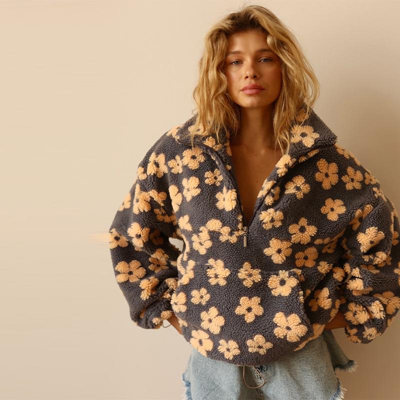 Fleece-Hoodie Damen Blumenmuster Warmes Lammfleece Stehkragen Reißverschluss-Hoodie Locker Weicher Pullover Herbst/Winter 2025 S gelb von Joom DACH