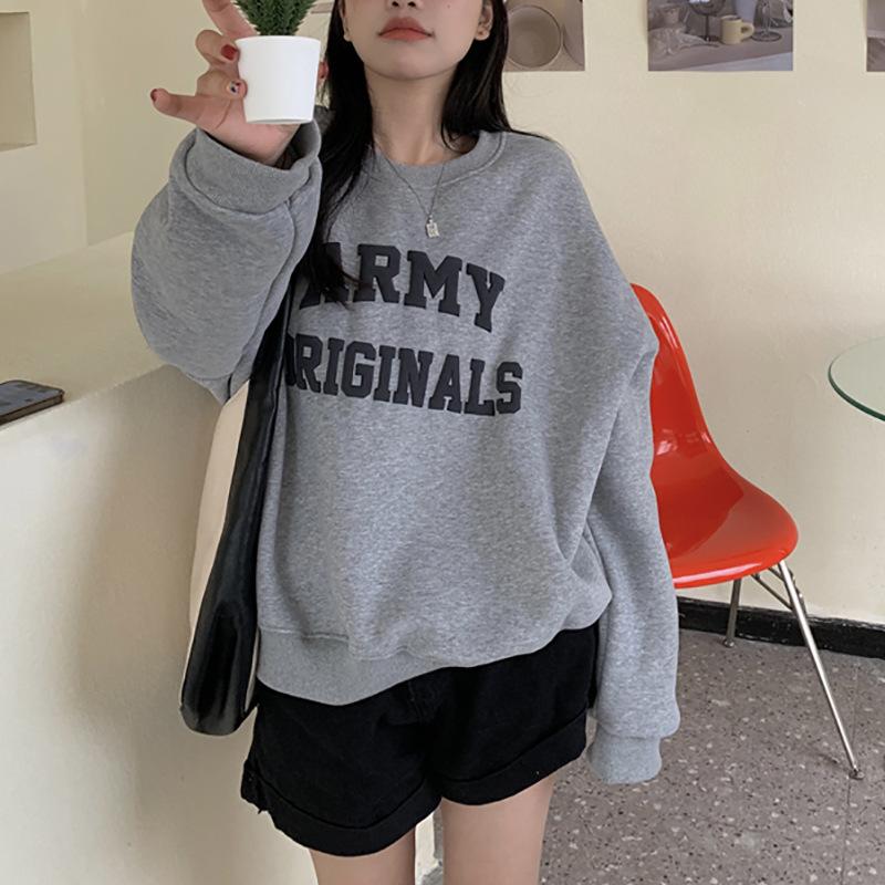 Fleece Lockerer Lässiger Pullover Damen Herbst- und Wintermantel Vintage Rundhals Langärmeliges Unterhemd Top Koreanische Damenbekleidung XXL von Joom DACH