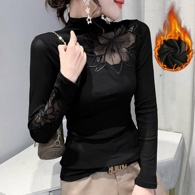 Fleece Rollkragen Langarm T-Shirt Damen Herbst und Winter Neu Temperament Unterhemd Mode Bedrucktes Oberteil 2XL von Joom DACH