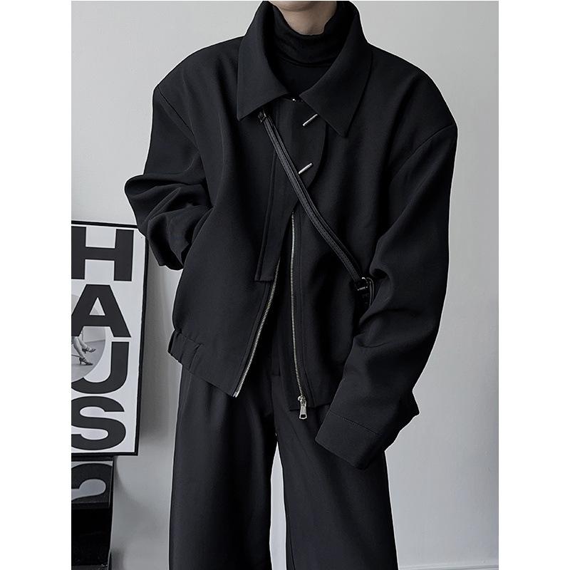 Fliegerjacke mit breitem Schulterbereich und dunklem Frühlingsdesign für Damen und Herren, schlichtes Revers, lange Ärmel, modischer kurzer, lockerer Mantel L von Joom DACH