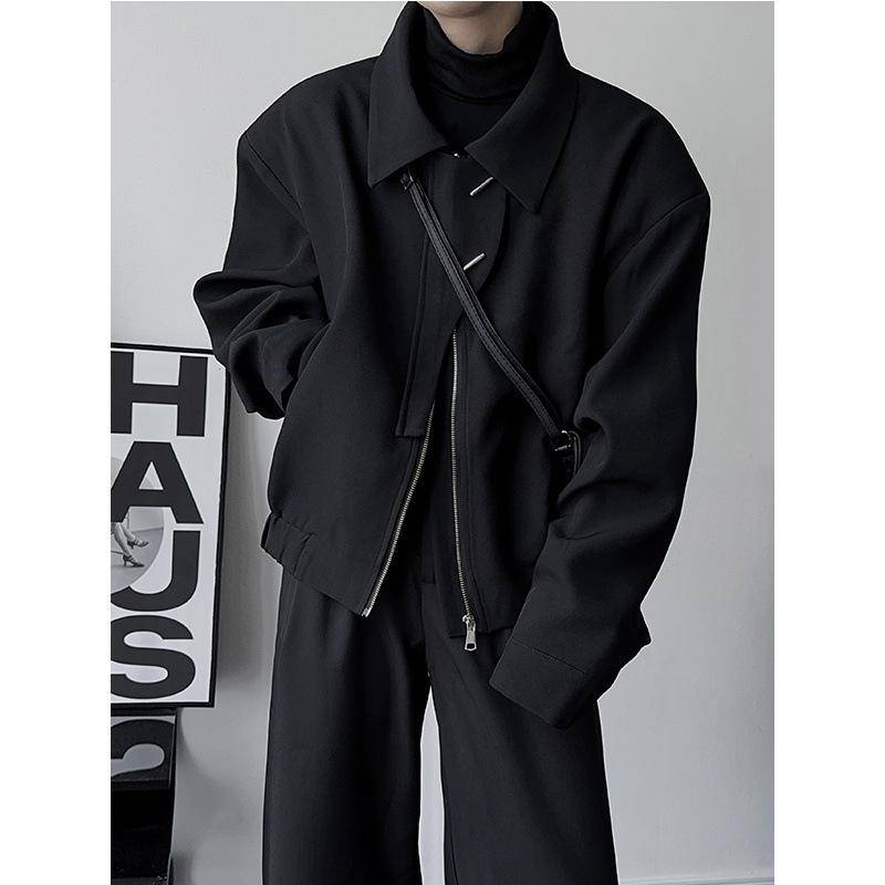 Fliegerjacke mit breitem Schulterbereich und dunklem Frühlingsdesign für Damen und Herren, schlichtes Revers, lange Ärmel, modischer kurzer, lockerer Mantel L von Joom DACH