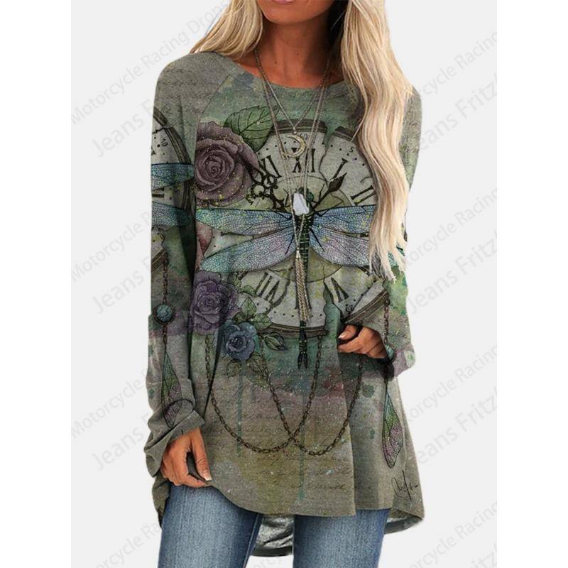 Floral 3d Print Langarm T-shirts Frauen Mode T-shirt Tier Tops Tees Vintage Lange Tops Damen Tuniken Frauen Kleidung Femme 8xl von Joom DACH