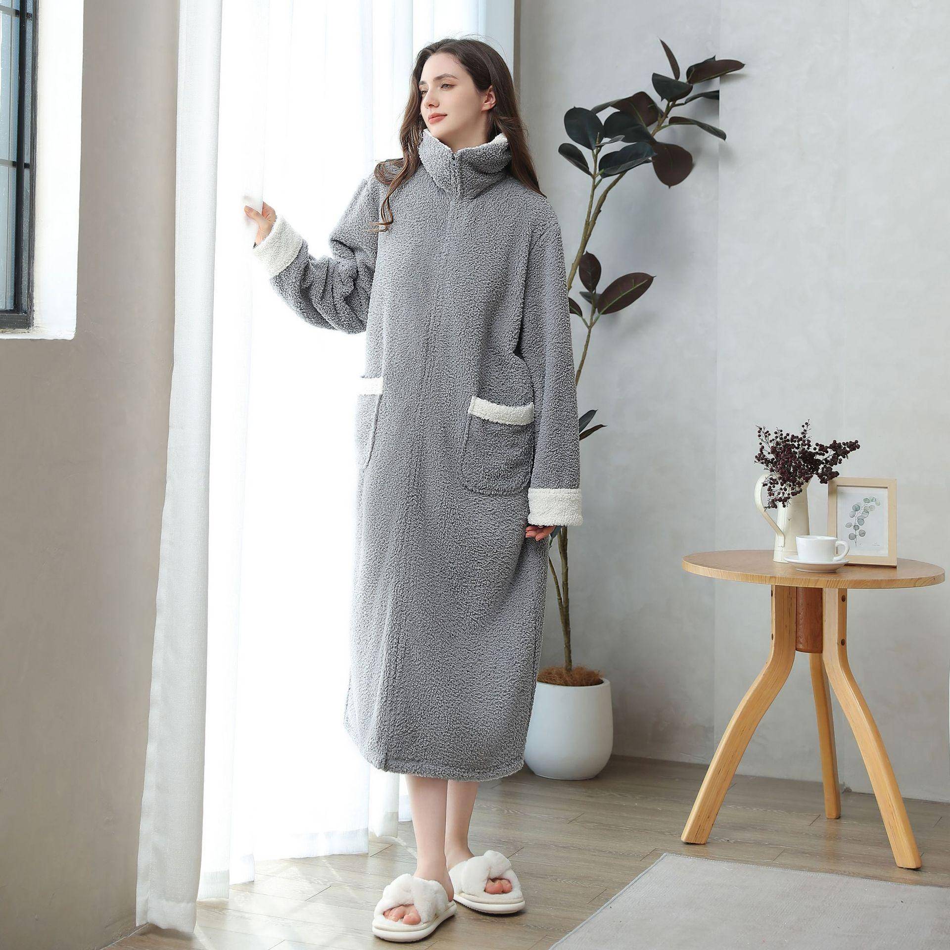 Fluff Coral Fleece Bademantel Damen Herren Kimono Winter Warm Casual Flanell Robe Nachtwäsche Bademantel Lounge Home Kleidung XL grau von Joom DACH