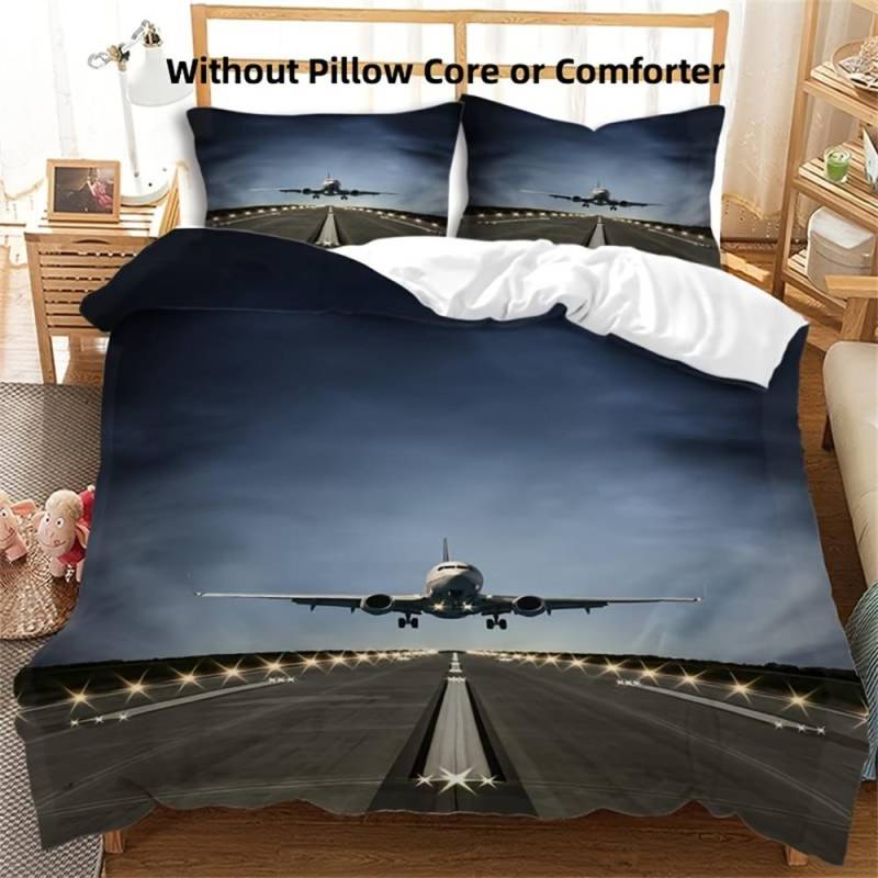 Flugzeug Landebahn Digitaldruck Bettbezug Set mit Kissenbezügen-Atmungsaktives Polyestergewebe Ganzjahres Reißverschluss Bettwäsche Set Set&Eu Twin 135x200cm von Joom DACH