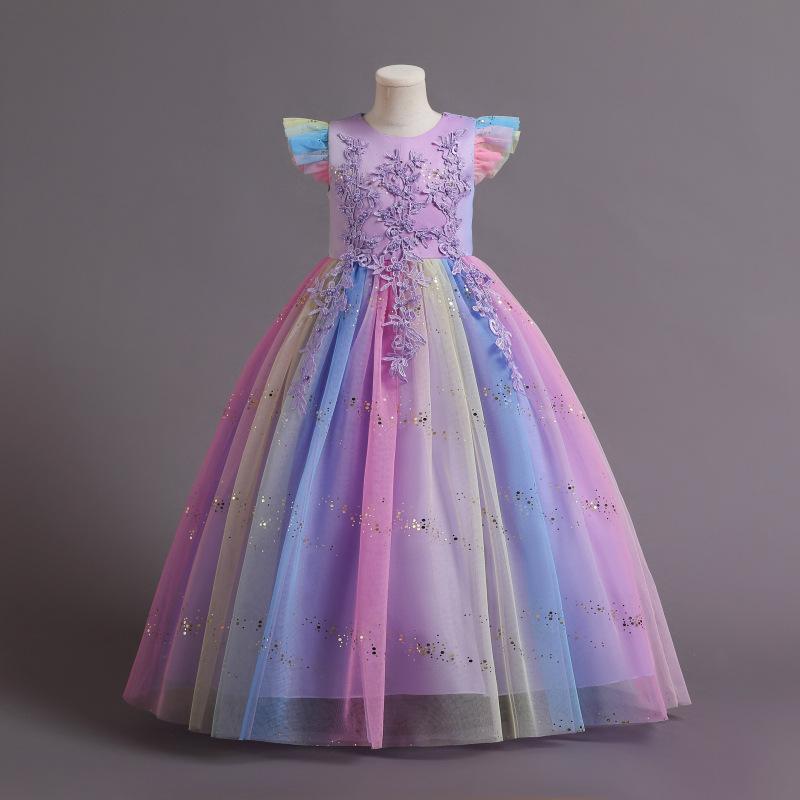 Formales Blumen-Spitze-Brautjungfer-Kinderhochzeitskleid für Mädchen-Kind-Weinlese-Partei-Hochzeits-Prinzessin-Kleid-Festzug-Kleid-Kostüm 140cm violett/bunt von Joom DACH