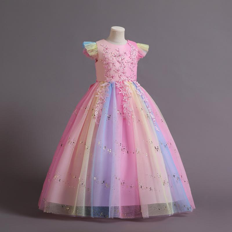 Formales Blumen-Spitze-Brautjungfer-Kinderhochzeitskleid für Mädchen-Kind-Weinlese-Partei-Hochzeits-Prinzessin-Kleid-Festzug-Kleid-Kostüm 150cm rosa/bunt von Joom DACH