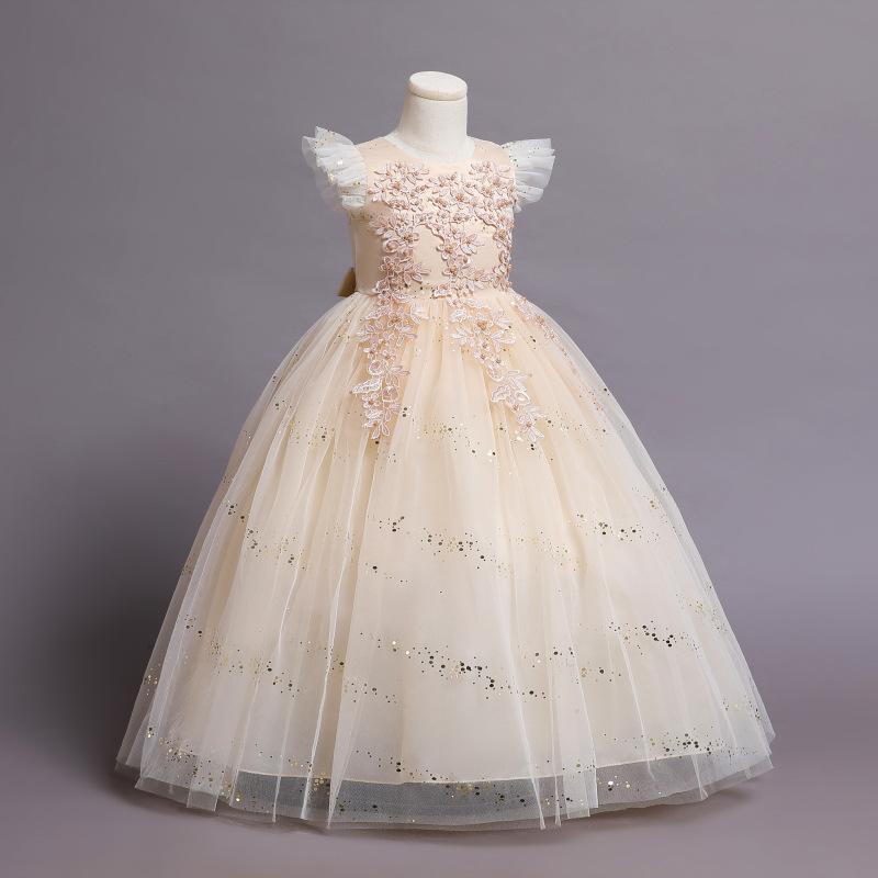 Formales Blumen-Spitze-Brautjungfer-Kinderhochzeitskleid für Mädchen-Kind-Weinlese-Partei-Hochzeits-Prinzessin-Kleid-Festzug-Kleid-Kostüm 170cm apricot von Joom DACH