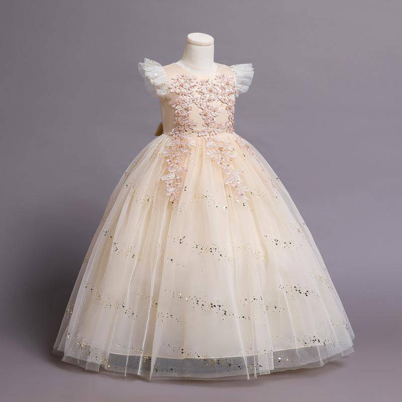 Formales Blumen-Spitze-Brautjungfer-Kinderhochzeitskleid für Mädchen-Kind-Weinlese-Partei-Hochzeits-Prinzessin-Kleid-Festzug-Kleid-Kostüm 170cm apricot von Joom DACH