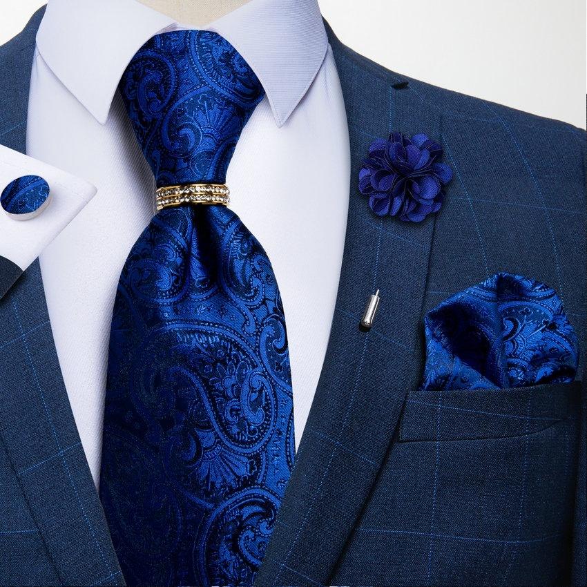 Formales Herren-Krawatten-Set, Krawattenring, marineblaue Paisley-Krawatten, Seidentaschentuch, Manschettenknöpfe, Boutonniere-Set 1435-JZ03-XH0119 von Joom DACH