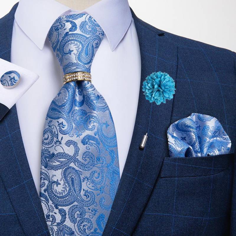 Formales Herren-Krawatten-Set, Krawattenring, marineblaue Paisley-Krawatten, Seidentaschentuch, Manschettenknöpfe, Boutonniere-Set 1618-JZ03-XH012 von Joom DACH