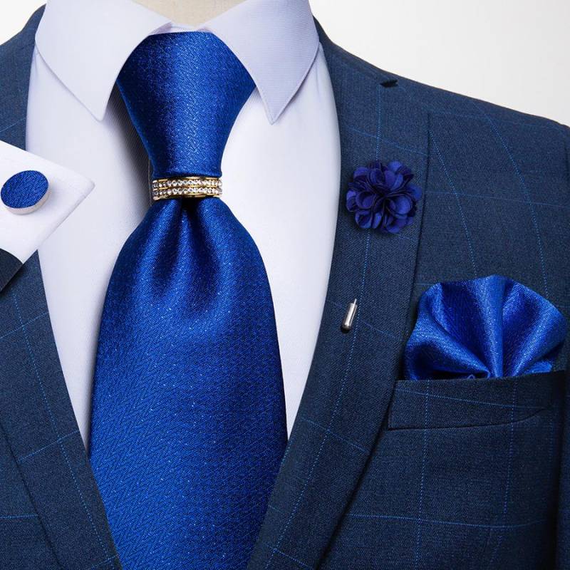 Formales Herren-Krawatten-Set, Krawattenring, marineblaue Paisley-Krawatten, Seidentaschentuch, Manschettenknöpfe, Boutonniere-Set 7025-JZ03-XH0119 von Joom DACH