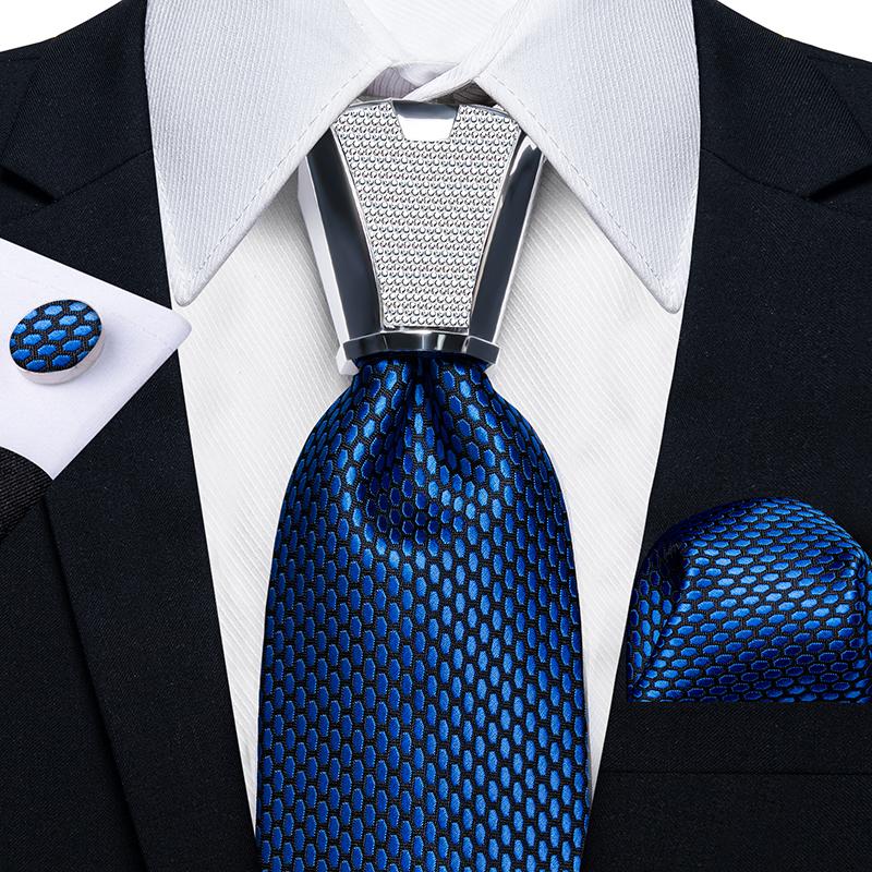 Formales Herren-Krawatten-Set, silberner Krawattenring, marineblaue Paisley-Krawatten, Seiden-Einstecktuch, Manschettenknöpfe-Set für Hochzeit, Party 1537 von Joom DACH