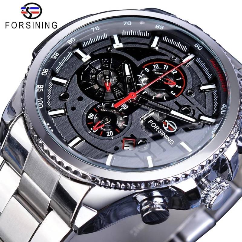 Forsining Drei-Scheiben-Sportuhr mit automatischem mechanischem Armband und Kalender, Herren-Top-Uhr, hellschwarz, Edelstahl-Uhr, PU-Armband lakritz von Joom DACH