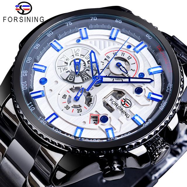 Forsining Drei-Scheiben-Sportuhr mit automatischem mechanischem Armband und Kalender, Herren-Top-Uhr, hellschwarz, Edelstahl-Uhr, PU-Armband grau von Joom DACH
