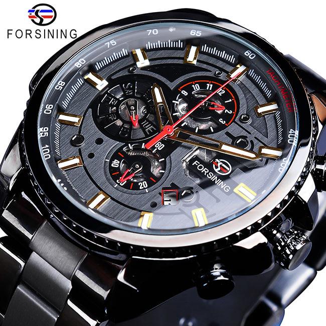 Forsining Drei Zifferblatt Kalender Edelstahl Männer Mechanische Automatische Armbanduhren Top Luxus Military Sport Männliche Uhr von Joom DACH