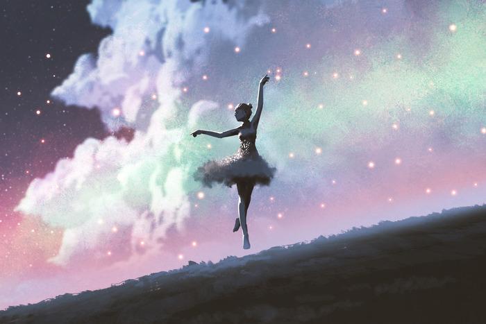 Fototapete Ballerina tanzt vor dem Hintergrund des Nachthimmels, waschbares Vlies, 270 x 180 Fototapete Ballerina tanzt vor dem Hintergrund des Nachthimmels, waschbares Vlies, 270 x 180 von Joom DACH