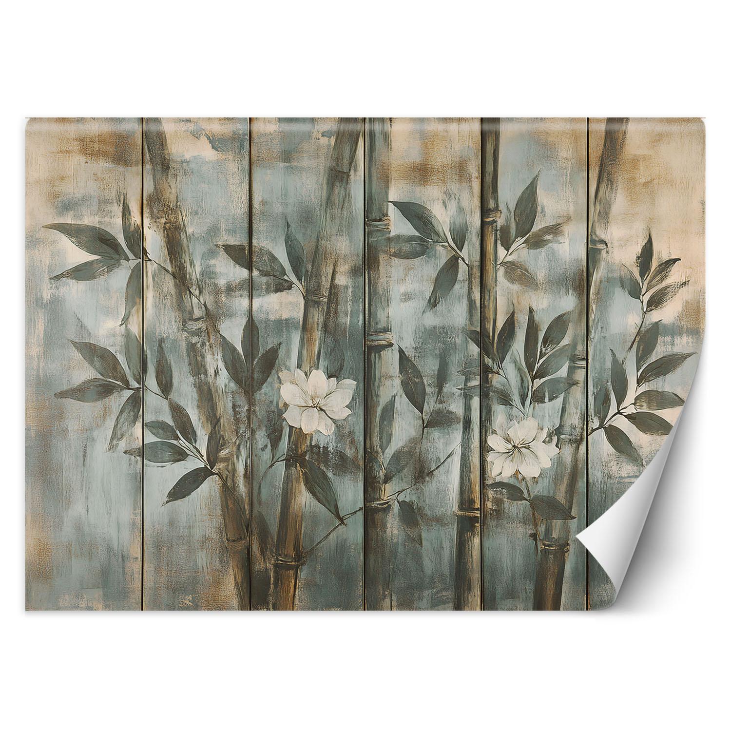 Fototapete Bambussprossen mit Blumen auf strukturierten Hintergrund 100x70 blau von Joom DACH