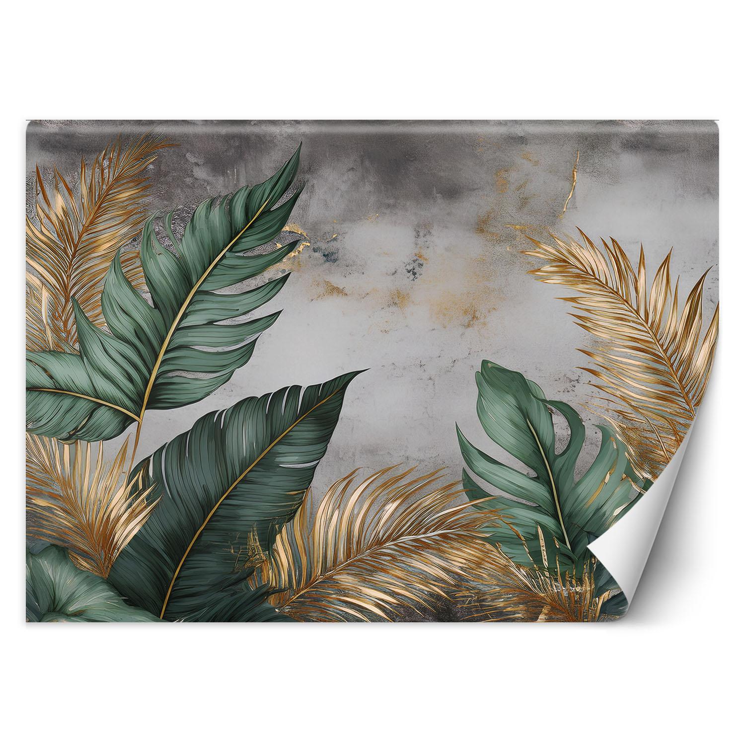 Fototapete Gold und grüne Blätter auf einem grauen Hintergrund 100x70 graue von Joom DACH