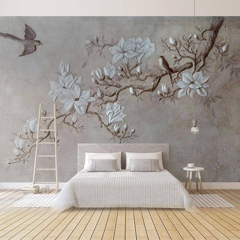 Fototapete Moderne pastorale 3D-geprägte Blumen Vögel Wandbild Wandpapier Wohnzimmer Schlafzimmer 200 cm(W) x 140 cm(H) von Joom DACH