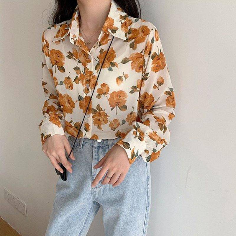 Fragmented Bluse Damen Vintage Lockeres Top Langarm Chiffon Hemd Unterlage 4XL gelb von Joom DACH