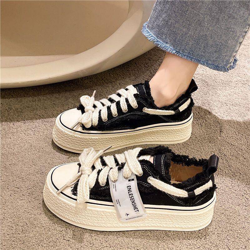 Fransenkanten-Design Damen Canvas Schuhe Kleiner Duftender Wind Muffin Dicker Boden Erhöhen Hoch Schnürschuhe Gewebt Leichte Canvas Kleine Weiße Schuhe 40 schwarz von Joom DACH
