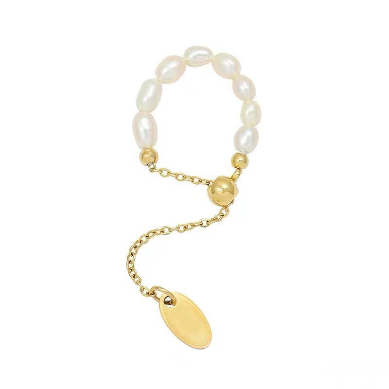 Französisch Einfache Retro Perle Kette Pull Einstellung Gold Farbe Ringe Mädchen Neue Elegante Accessoires Mode Finger Schmuck Für Frau weiß von Joom DACH
