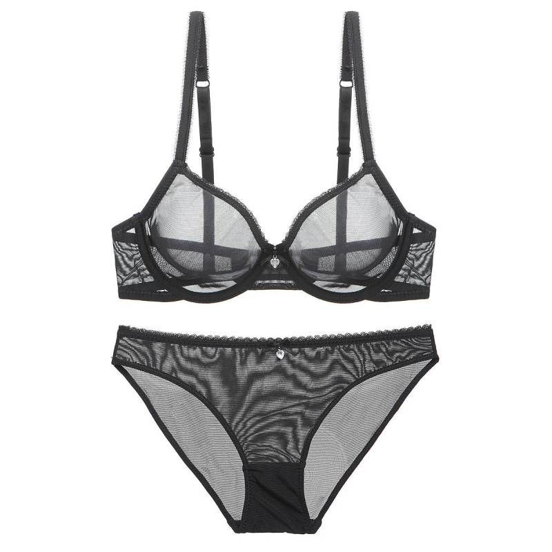 Französisch Ultra Dünne Dessous Set Sexy Mesh Transparent Bh Set Frauen Spitze Unterwäsche Sommer Atmungsaktive Bralette Weibliche Dessous 95D schwarz von Joom DACH